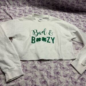 🪄Gildan White Cropped Sweatshirt with Green "Bad & Boozy" Graphic